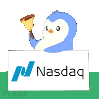 a cartoon penguin holding a bell behind a nasdaq sign