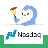 a cartoon penguin holding a bell behind a nasdaq sign