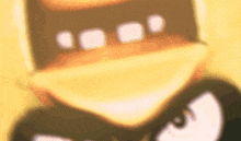 a close up of a cartoon character 's face with a yellow background