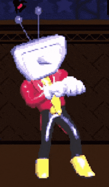 a pixel art drawing of a man with a head that looks like a tv