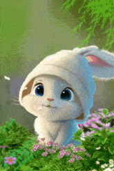 a cartoon bunny wearing a hooded hat is sitting in a garden