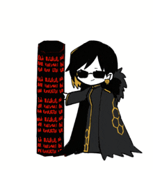 a black and white drawing of a person holding a cylinder with arabic writing