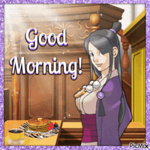 a greeting card that says good morning with a woman