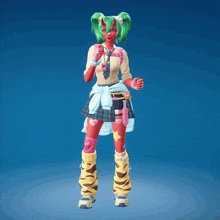 a girl with green hair and red skin is holding two circles