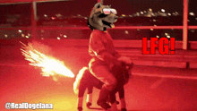 a picture of a person riding a dog that says lfg on the bottom