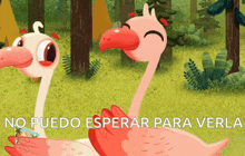 a couple of flamingos in a forest with the words no puedo esperar para verla