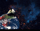 a panda bear is flying in space near the earth