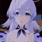 a close up of a purple and white anime girl with wings and a bow tie .