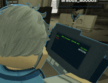 a cartoon character is looking at a computer screen that says nothing