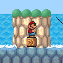 a pixel art image of mario standing on a block