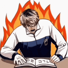a cartoon of a man writing in a book