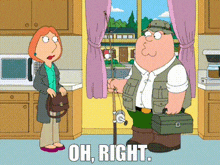 a cartoon of a man holding a fishing rod with the words oh right below him