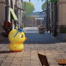 a yellow duck wearing sunglasses stands on a sidewalk
