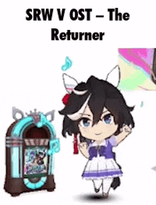 a cartoon of a girl standing next to a jukebox with the words `` the returner '' written on it .