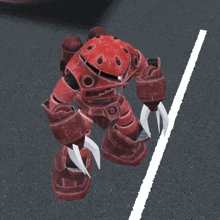 a red robot with sharp claws is standing next to a white line
