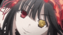 a close up of a black haired anime girl with red eyes and yellow eyes .