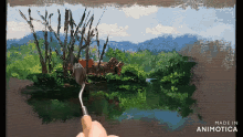 a person is painting a landscape with the words made in animotica below
