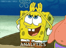 spongebob and patrick from spongebob squarepants are standing next to each other with their hands in the air .