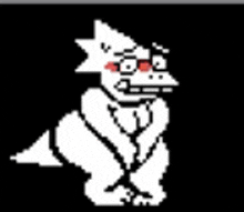 a pixel art drawing of a white dog with red eyes and glasses on a black background .
