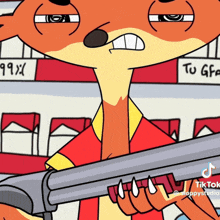 a cartoon character is holding a shotgun in front of a sign that says 99xx