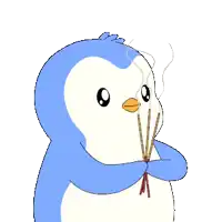 a blue and white penguin is holding incense sticks in its hands