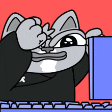 a cartoon drawing of a cat with a black shirt on