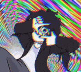 a cartoon character is taking a picture of himself with a camera with a rainbow background .