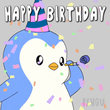 a birthday card with a penguin wearing a party hat blowing a party horn