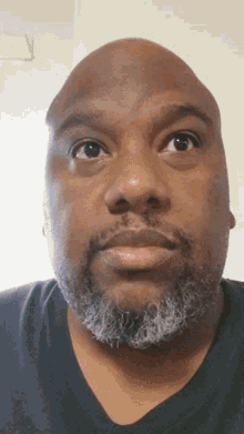 a man with a beard and a black shirt looks at the camera