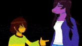 two cartoon characters are standing next to each other with one pointing
