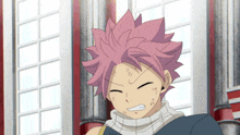 a cartoon character with a scarf around his neck and pink hair