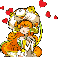 a cartoon drawing of a girl with orange hair and hearts around her