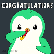 a green penguin blowing a party horn with the words congratulations written above it