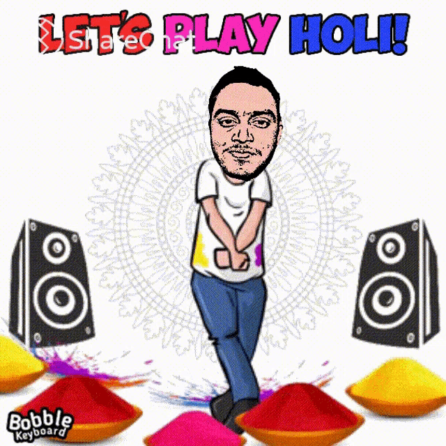 a cartoon of a man dancing with the words let 's play holi written above him