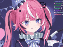 a girl with pink hair and blue eyes is smiling in front of a purple background