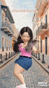 a cartoon girl is dancing on a cobblestone street with the words " and this is crazy " below her