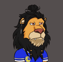 a cartoon of a lion wearing a blue shirt