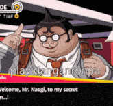 a cartoon character with glasses and a backpack says play danganronpa welcome mr. naegi to my secret n ...