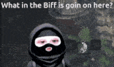 a person wearing a black mask with the words " what in the biff is goin on here " below them