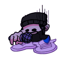 a cartoon character is singing into a microphone while wearing a beanie .
