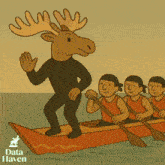a moose is leading a team of men in a boat