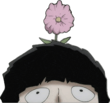 a cartoon character has a pink flower on his head
