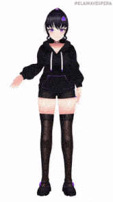 a drawing of a girl with purple eyes and black shorts with the name celainavespera on the bottom