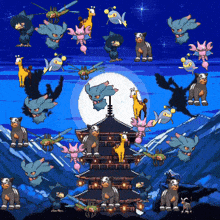 a bunch of animals are standing in front of a tower