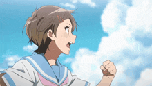 a girl in a school uniform with a triangle in her hair