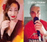 a man is singing into a microphone next to a woman