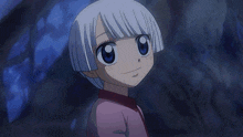 a close up of a cartoon character with pink hair and white eyes