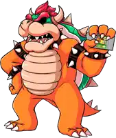 a cartoon drawing of bowser holding a nintendo game card