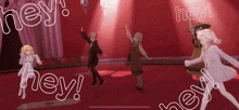 a group of people are dancing on a stage with the words hey written on it