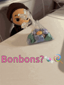 a bag of bonbons sits on a white table
